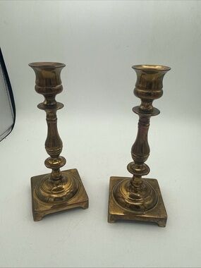 VTG 2  Brass Candle Stick Holders Square Footed  Base Turned Stem 7” England